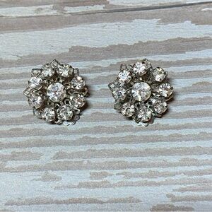 Vintage Silver rhinestone clip Cluster Earrings